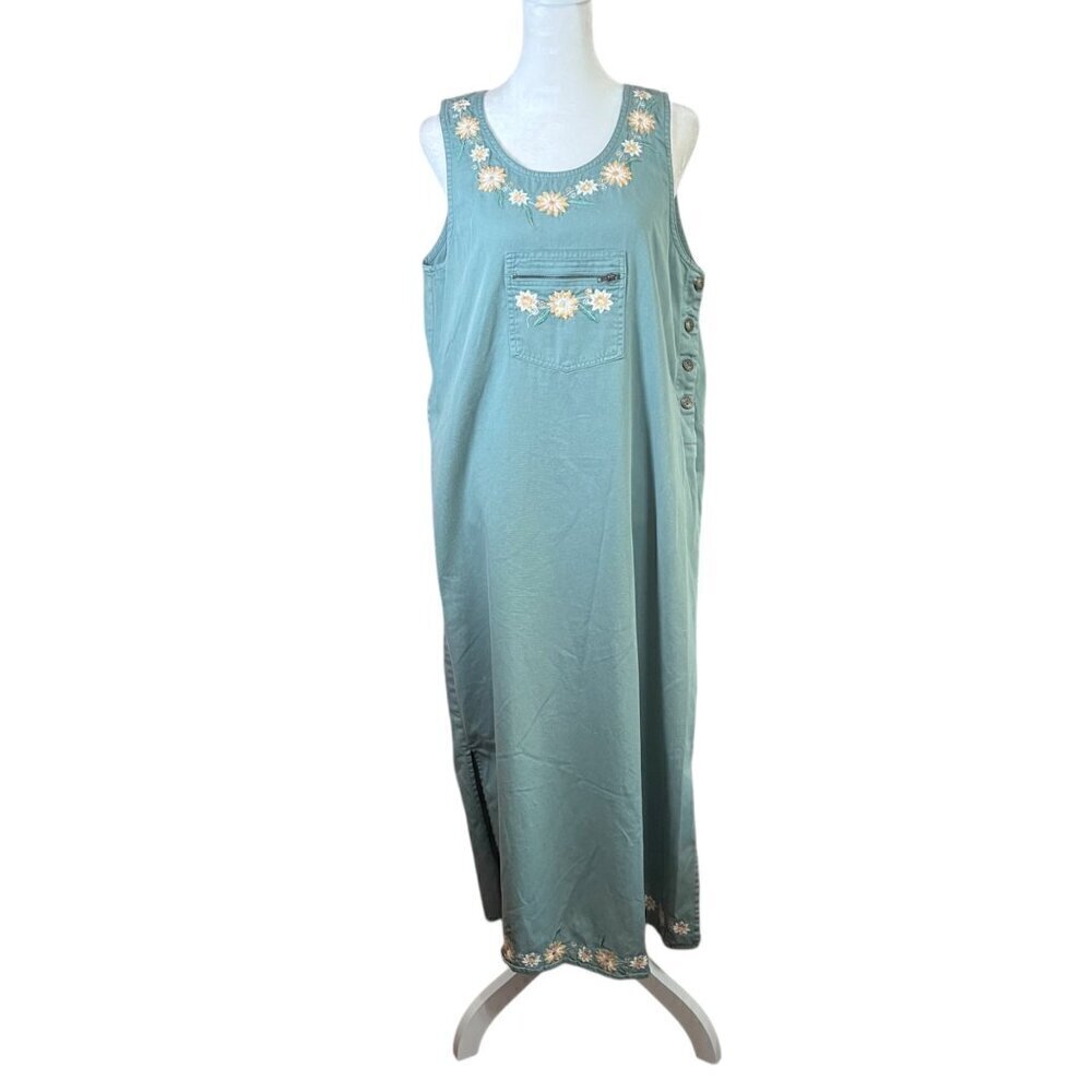 VTG Y2K Basic Editions Green Floral Maxi Dress Jumper 100% Cotton Boho Sz Small